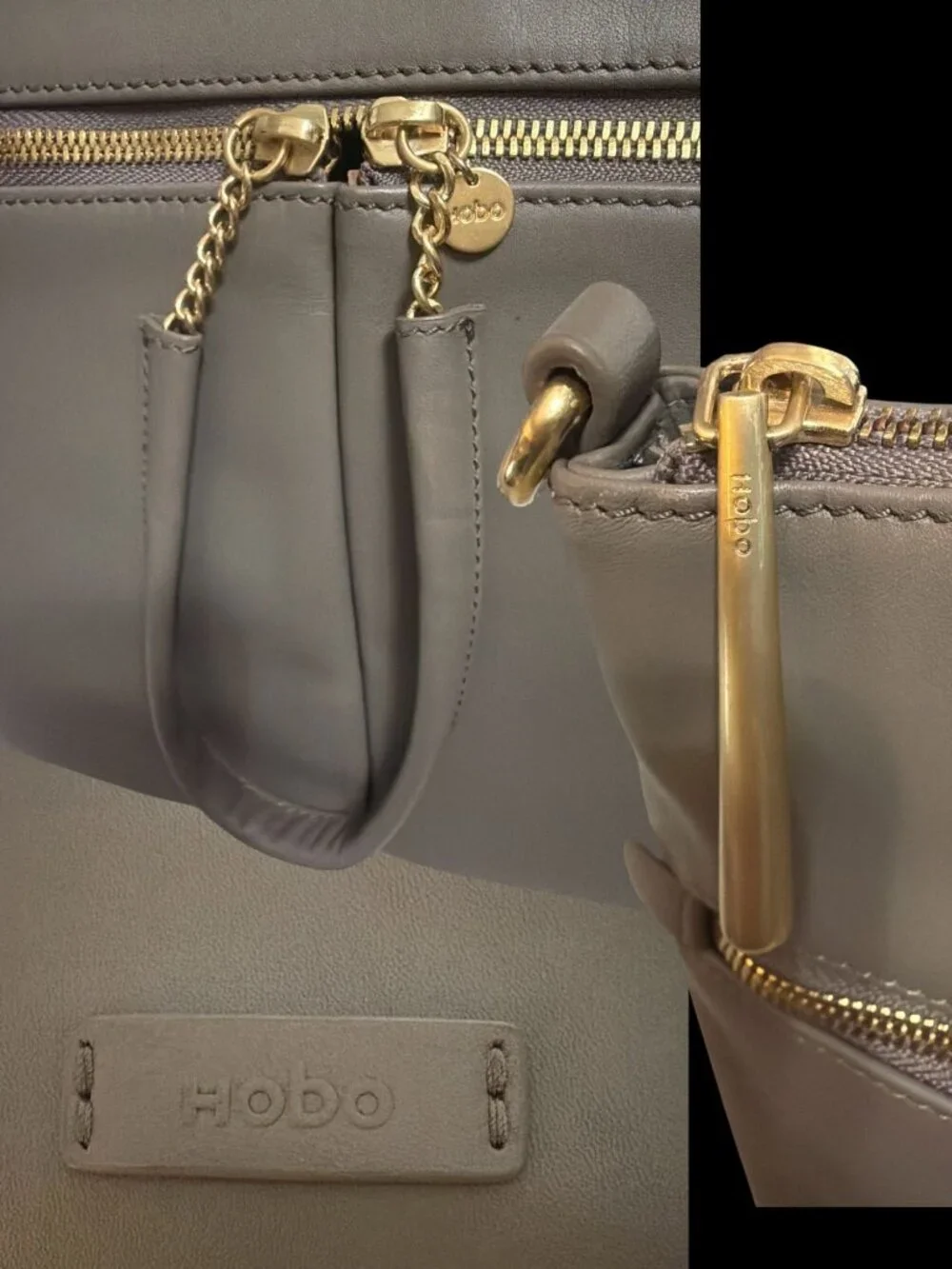 HOBO Double Zip Satchel Taupe Matte Leather Brass Shoulder Bag Detachable Strap